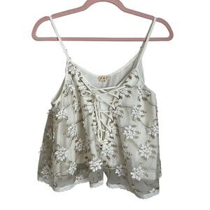 NEW Pol Lace Sheer Floral Embroidered Criss Cross Tank Front Tank Top Medium